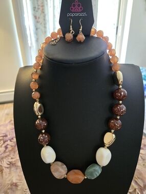 paparazzi Brown, Orange, Green & Cream Beaded Statement Necklace